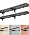 2-Pack Two-Tier Garage Shelving Wall Mounted, Heavy Duty 500 Lb Total Load, Adjustable Floating Shelves, Four Installed Views