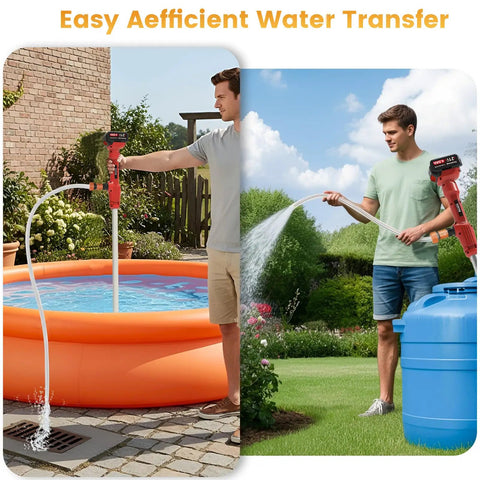 Man using Cordless Water Transfer Pump With 2x4000mAh Batteries And Charger 720 GPH Flow 32 Ft Max Lift 21V for pool and garden