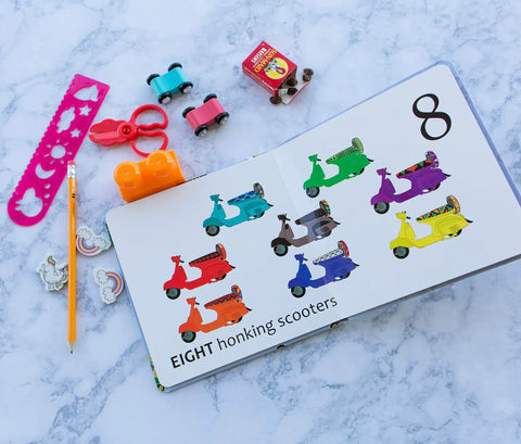 Totally Rad Toddler Counting Book Featuring Ten Noisy Rickshaws And Hella Fun Indian Culture Educational Picture Book For Little Ones Ages One To Three Early Learning Math Number Skills with colorful scooters and educational materials.