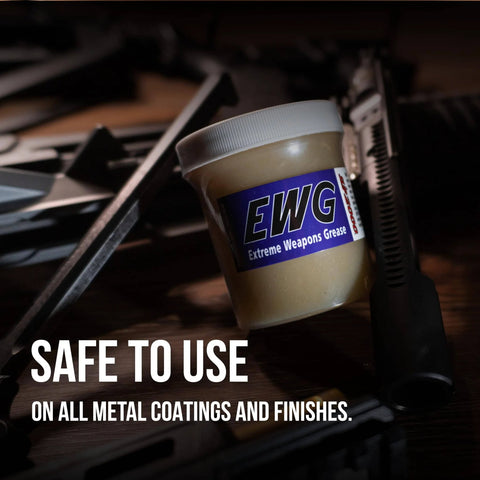 Extreme Weapons Grease EWG For Firearms, Synthetic Light Grease With Extreme Pressure, 4 Oz jar next to firearm parts