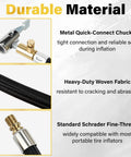 Close-up of No Hassle Flexible Twenty Inch Tire Inflator Hose Adapter With Quick Release Schrader Valve showing metal quick-connect chucks.