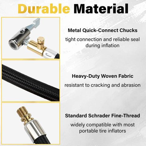 Close-up of No Hassle Flexible Twenty Inch Tire Inflator Hose Adapter With Quick Release Schrader Valve showing metal quick-connect chucks.