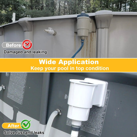 Before and after installation of 8x8 Inch Pool Water Return Repair Kit For Above Ground Pools showing repaired and rust-free wall