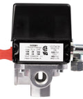 Front view of 4 Port Pressure Switch for Air Compressors 120-150 PSI 1 Pole 120-240V with black cover and red toggle