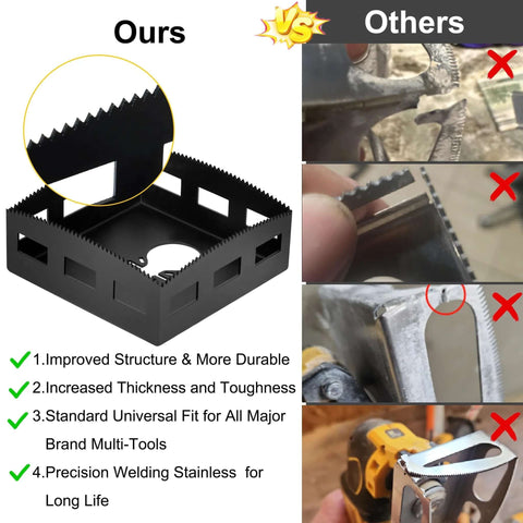 Black square slot cutter for drywall outlets; serrated outer edge and centered cutout opening.