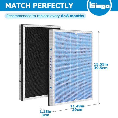 MSA3 Replacement Filter Compatible With MSA3 And MSA3S Air Purifiers 3-In-1 Upgrade 2-Pack showing dimensions and non-washable label