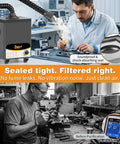 Beefed Up Solder Fume Extractor With 180W Motor And 320 m3 Per Hour Airflow in use at an electronics workbench, illustrating soundproof seal.