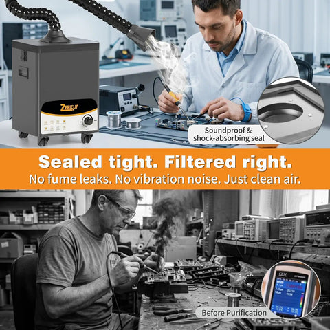 Beefed Up Solder Fume Extractor With 180W Motor And 320 m3 Per Hour Airflow in use at an electronics workbench, illustrating soundproof seal.