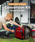 Person connecting Honda EU2000i Propane And Gas Dual Fuel Conversion Kit to generator, ideal for camping and RV use.
