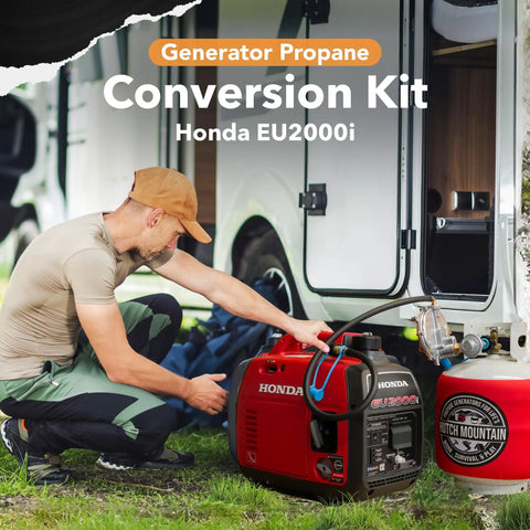 Person connecting Honda EU2000i Propane And Gas Dual Fuel Conversion Kit to generator, ideal for camping and RV use.