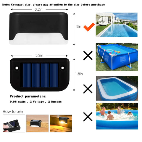 Dimensions display of Solar Pool Side Lights 4 Pack Color Changing Waterproof LED Deck Lights For Stairs Fence Yard Patio Pathway