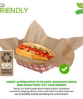 Hotdog in basket lined with Grease Proof Deli Wrappers 12 X 12 Inch, 500 Pack, Go To Pre Cut Natural Kraft Wax Paper Sheets