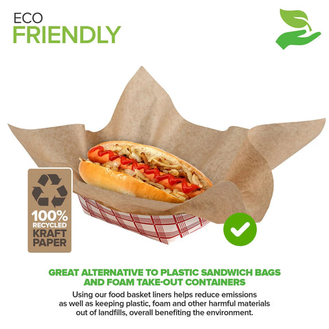 Hotdog in basket lined with Grease Proof Deli Wrappers 12 X 12 Inch, 500 Pack, Go To Pre Cut Natural Kraft Wax Paper Sheets