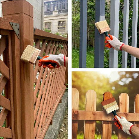 Pro Grade Deck Stain Brush Set 3 Pack Large 4 Inch 5 Inch 6 Inch With Threaded Extension Hole in use on wood fences