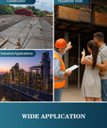 Collage showing applications of A36 steel bars: construction site, household tools, industrial plant, homeowners with builder.