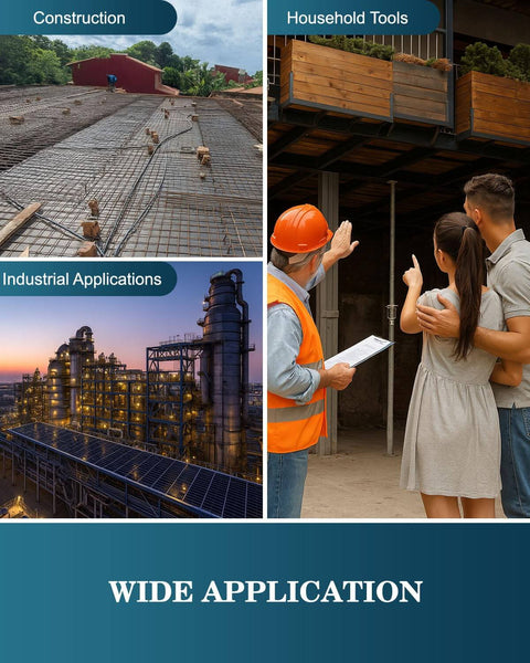 Collage showing applications of A36 steel bars: construction site, household tools, industrial plant, homeowners with builder.