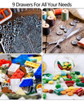Collage showing nuts, bolts, sewing tools, building blocks, and assorted pills with text '9 Drawers For All Your Needs'