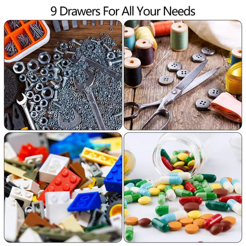 Collage showing nuts, bolts, sewing tools, building blocks, and assorted pills with text '9 Drawers For All Your Needs'