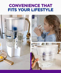 XL 44 Cup Water Filter Dispenser With Genuine PUR Filters on kitchen counter with child drinking water nearby