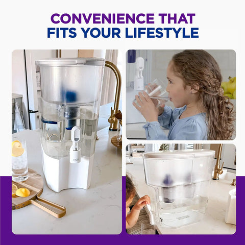 XL 44 Cup Water Filter Dispenser With Genuine PUR Filters on kitchen counter with child drinking water nearby