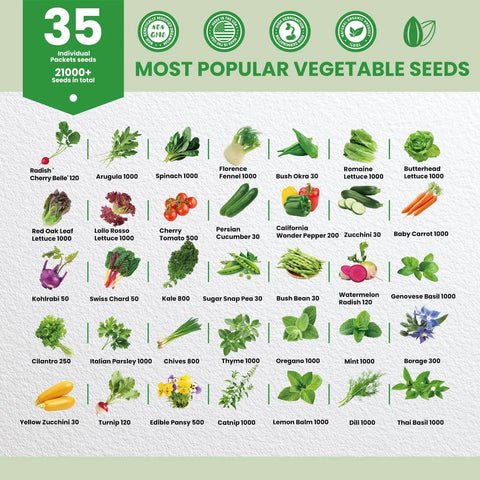 Chart displaying contents of Massive 35 Variety Heirloom Seed Pack With Over 21,000 Non GMO Seeds For Home Gardeners Featuring Vegetables Fruits And Herbs