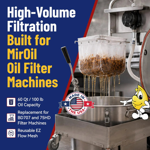 Built Tough Reusable Deep Fryer Filter Bag Slays Heavy Grease And Fine Crumbs Smooth Sixty Quart Operation in use with oil filter machine.