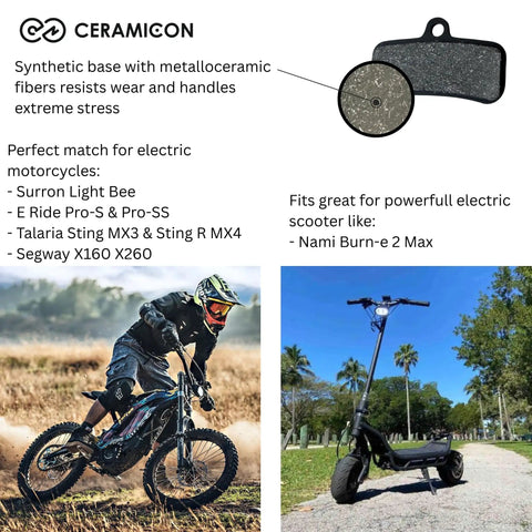 Heavy-Duty 4-Piston E-Bike Brake Pads With Metallic Ceramic Compound, 83mm disc pads shown with mountain bike and e-scooter.