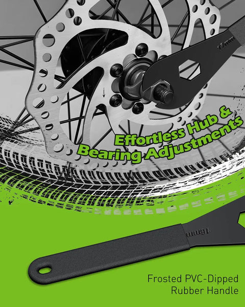 Five Piece Bike Cone Wrench Set 13, 14, 15, 16, 17 Mm Slim Open End Spanners in use for wheel hub adjustments