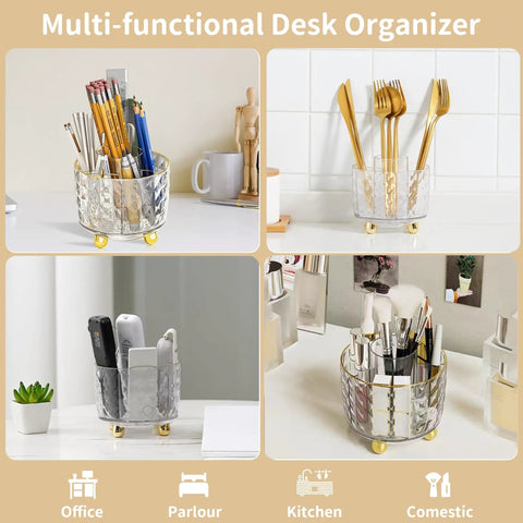 11 Piece Gold Desk Accessories Set For Office And Home, Sleek Acrylic Organizer with pens, cutlery, and cosmetics in holder