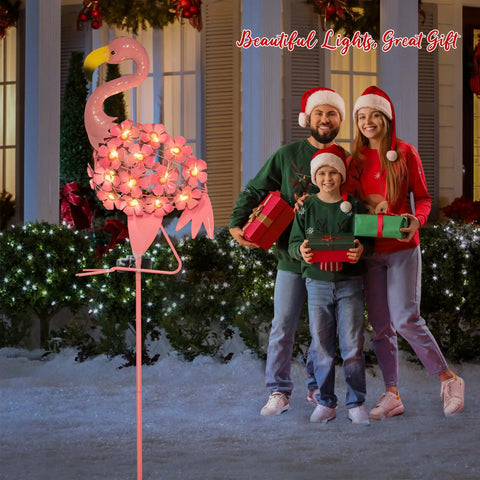 Family with gifts beside Flamingo Solar Garden Lights 27 LED Warm White Outdoor Stake Light Waterproof For Lawn Patio Courtyard