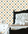 Top Tier Geometric Retro Peel And Stick Wallpaper For Your Space Refresh Skip The Drill With Easy Peasy Self Adhesive Removable Wallcovering That Hits Great On Any Wall featuring a colorful geometric pattern in a modern bedroom setting.