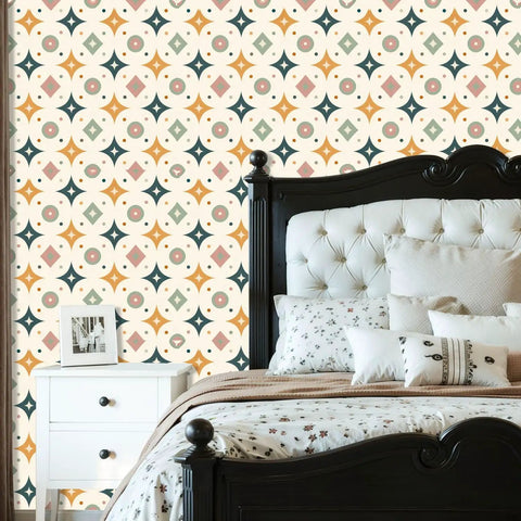 Top Tier Geometric Retro Peel And Stick Wallpaper For Your Space Refresh Skip The Drill With Easy Peasy Self Adhesive Removable Wallcovering That Hits Great On Any Wall featuring a colorful geometric pattern in a modern bedroom setting.