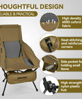 Lightweight Folding High Back Camping Chair With Head Support For Outdoor Adventures, showcasing khaki color, oxford fabric, and stitching