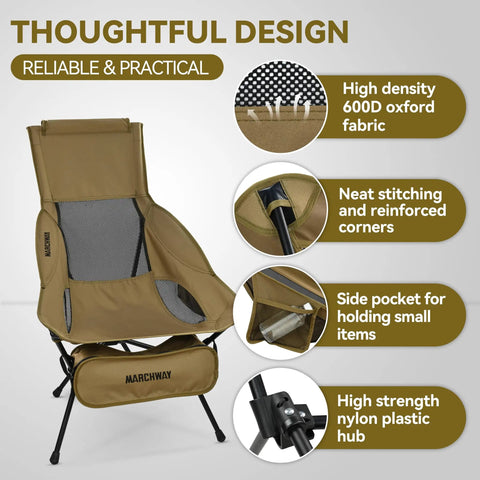 Lightweight Folding High Back Camping Chair With Head Support For Outdoor Adventures, showcasing khaki color, oxford fabric, and stitching