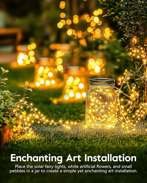 Warm white glow from 120LED 10Ft Solar Fairy Lights Outdoor Waterproof With 8 Modes IP65 Firecracker Twinkle String Lights