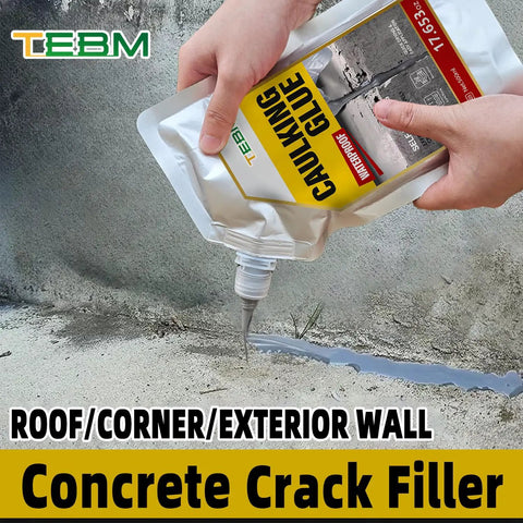 Slick Repair Self Leveling Concrete Crack Filler And Cement Patch Mix For Driveways Patios application on exterior wall with caulking glue.
