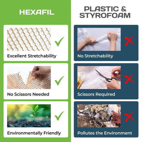 Comparison of Eco Friendly Honeycomb Packing Paper For Shipping And Moving Cushions Delicate Items In A Handy Dispenser Box And Replaces Bubble Wrap With Sustainable PEFC Certified Paper That Is Plastic Free Reusable And Great For Protection next to plastic wrap, highlighting eco-friendliness and ease.