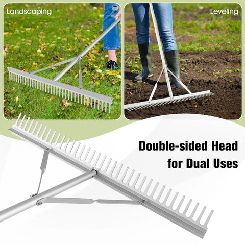 36 Inch Aluminum Landscape Rake With 36 Tines And 68 Inch Non Slip Handle for soil loosening, leveling and lawn care