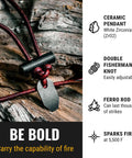 Weatherproof Fire Starter Necklace For Men Handcrafted In USA With Adjustable Leather Knot Design Ideal For Traveling Everyday Carry And Adventures Sparks Up To 6000 Degrees Fahrenheit In Any Weather Gear, featuring ceramic pendant and leather cord on wood