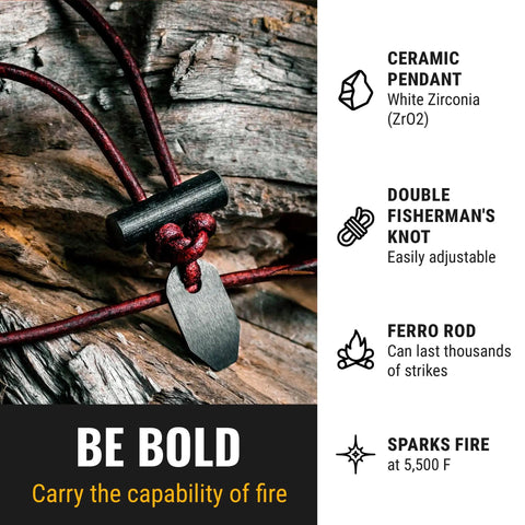 Weatherproof Fire Starter Necklace For Men Handcrafted In USA With Adjustable Leather Knot Design Ideal For Traveling Everyday Carry And Adventures Sparks Up To 6000 Degrees Fahrenheit In Any Weather Gear, featuring ceramic pendant and leather cord on wood