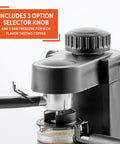 Straight Up Home Barista Vibes With This Compact 4 Cup Electric Espresso And Cappuccino Maker Featuring A Durable Milk Frothing Pitcher For Quick Daily Grind Sessions, showcasing the option selector knob and brewing mechanism.