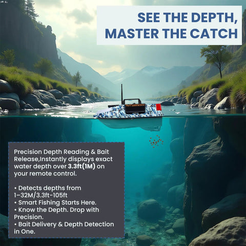 RC bait boat with depth and temp sensor in a rocky river, displaying depth detection and bait release features.