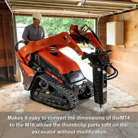 Mini excavator with hydraulic breaker attachment in a garage setting