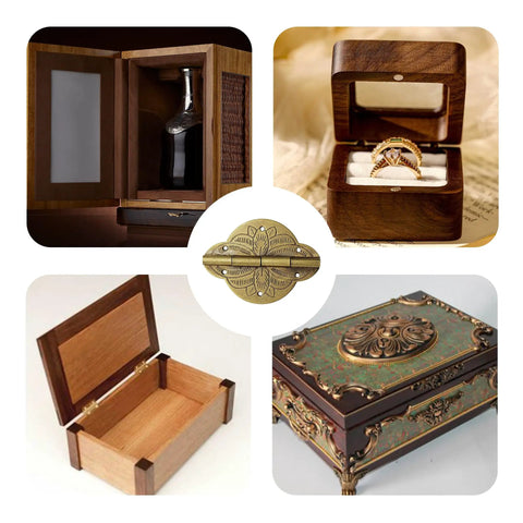 Antique Brass Mini Hinges Pair Of Two With Matching Screws For Cabinets Drawers And Jewelry Boxes Vintage Embossed Finish showcased with wooden boxes.