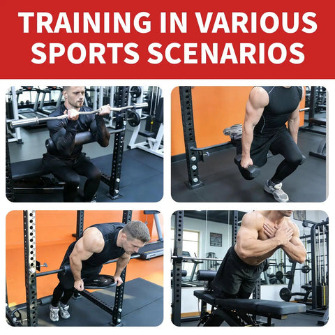 Single Leg Squat Roller Attachment for Power Rack and Home Gym usage in various exercises, showcasing versatility in training.