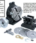 Pro Grade Workhorse Rotary Table With Steel Dividing Plates Set And Tailstock For Manual Milling Indexing Kit MT2 Bore Horizontal And Vertical Setup Includes Free Working Manual And All Required Accessories displayed with components on white background.