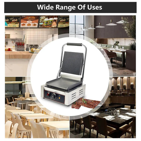 Premium Single Plate Electric Sandwich Press Grill With Grooved Non Stick Plates And Adjustable Heat Dial Up To 572 Degrees F in a modern kitchen setting.