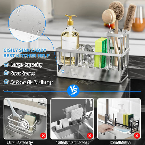 Kitchen Sink Caddy With Automatic Drainage, 304 Stainless Steel Rustproof Sponge Holder, High Brush Holder And Divider on countertop