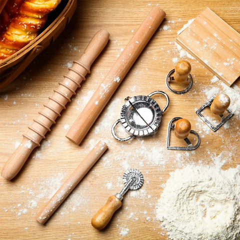 9 Piece Gnocchi And Pasta Making Set With Gnocchi Board, Pasta Cutter, Ravioli Stamp, Rolling Pin, Dumpling Makers And Noodle Tools