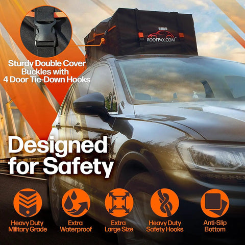 SUV with Ultra Large 28 Cu Ft Car Roof Cargo Carrier Bag Waterproof Storage for Road Trips, showing tie-down hooks and bag on top.